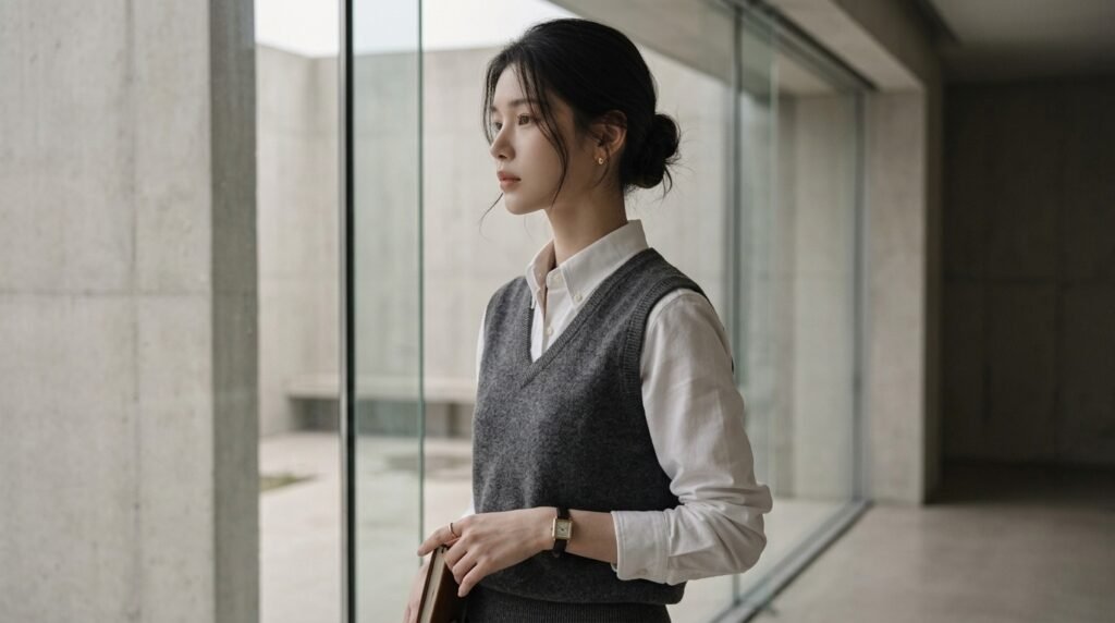 프레피룩을 재해석한 현대적인 레이어링 스타일링과 소재의 디테일
