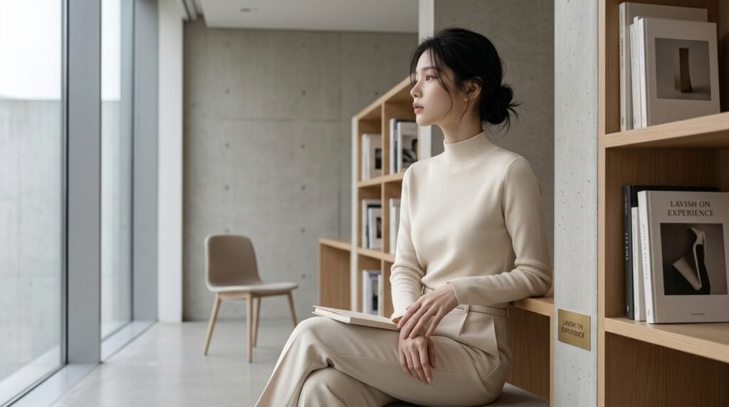 미니멀한 공간에서 여유로운 시간을 즐기는 모델의 모습, '경험 사치'를 상징하는 분위기 있는 컷