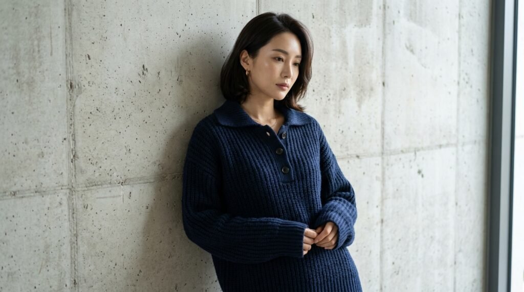 2026 데일리 트렌드, 청키한 네이비 폴로 니트 스타일링