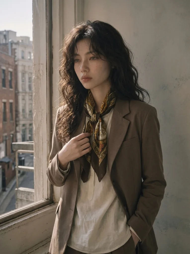 스카프 코디 실크 스카프 넥 드레이핑 연출