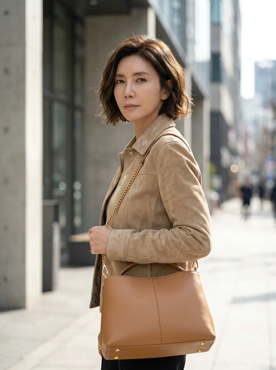 베이지 스웨이드 재킷과 레더 가방 매치