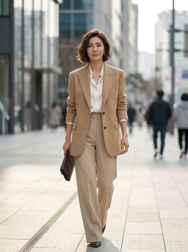 베이지 컬러 매치 테일러드 블레이저 레이어링 룩