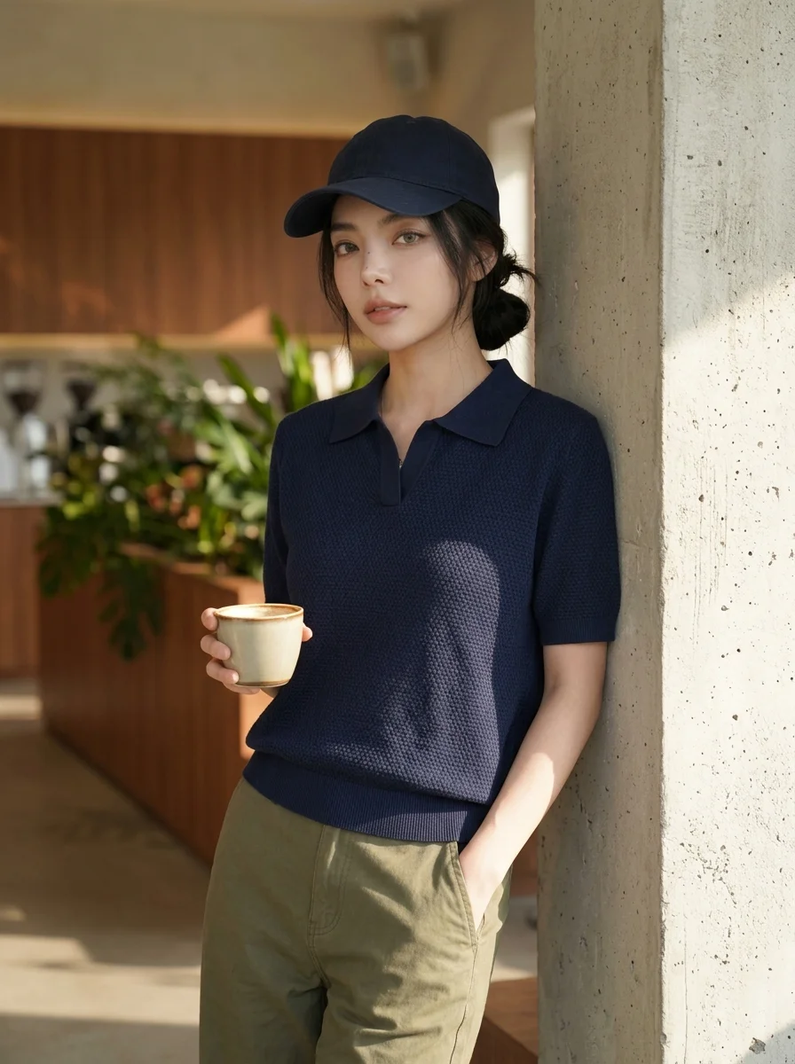 폴로 니트 코디 볼캡 스포티 레이어드