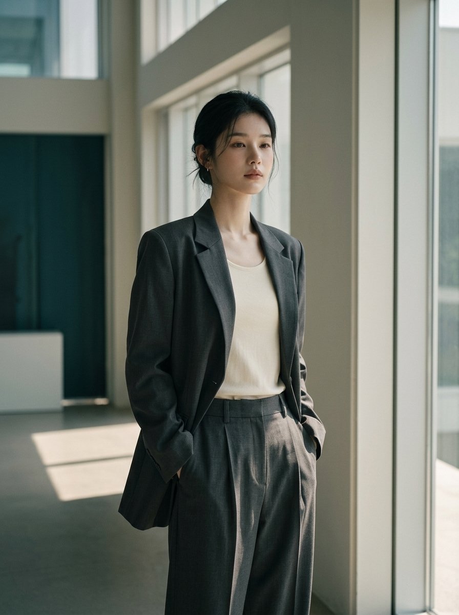그레이 파워슈트 데일리 다운 스타일링 미니멀 룩