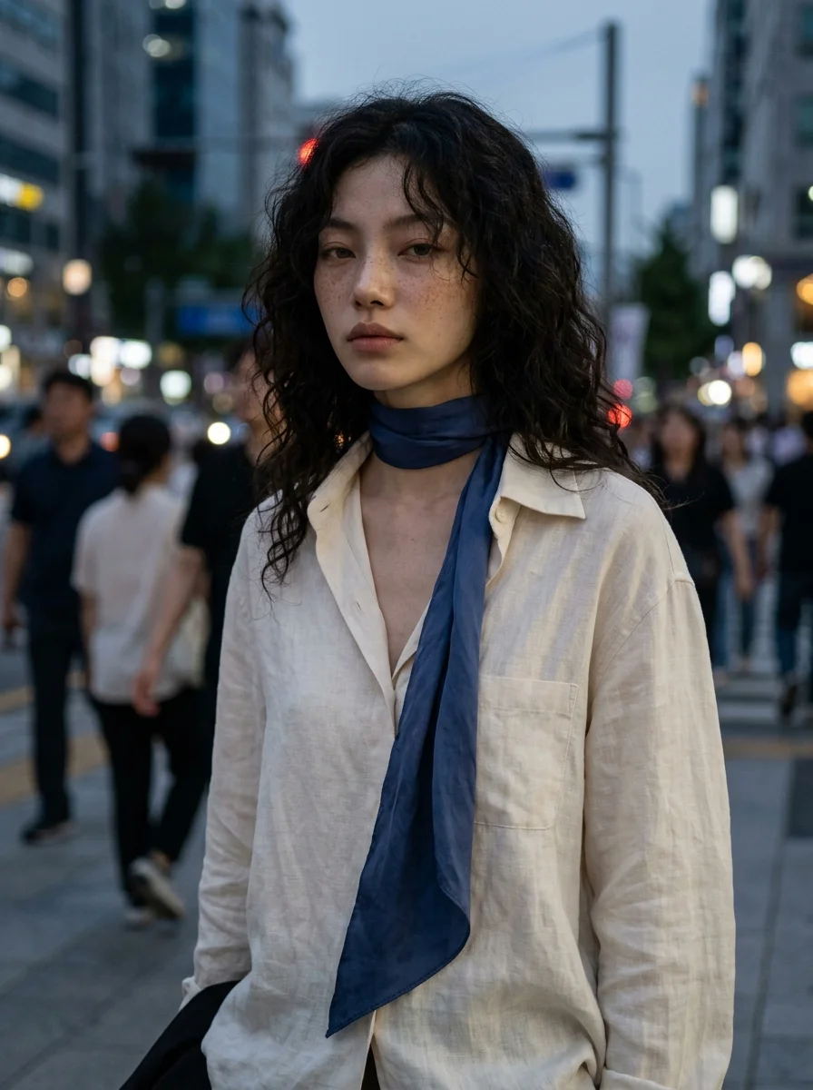 스카프 코디 루즈한 드레이프 연출