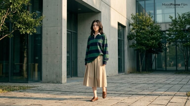 모범생을 벗어난 프레피룩 데일리 코디 화보, 럭비 셔츠와 스커트를 매치한 어반 캐주얼 스타일링