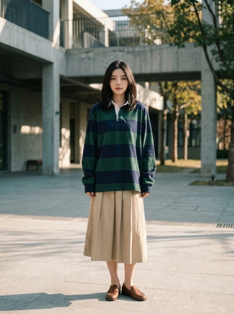 어반 프레피룩 데일리 코디 럭비 셔츠 스타일링