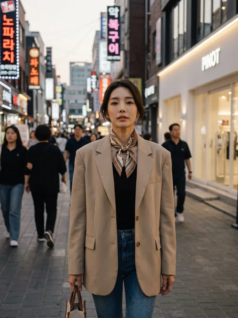 가성비 스카프를 활용한 미니멀 K-패션 스타일링 화보