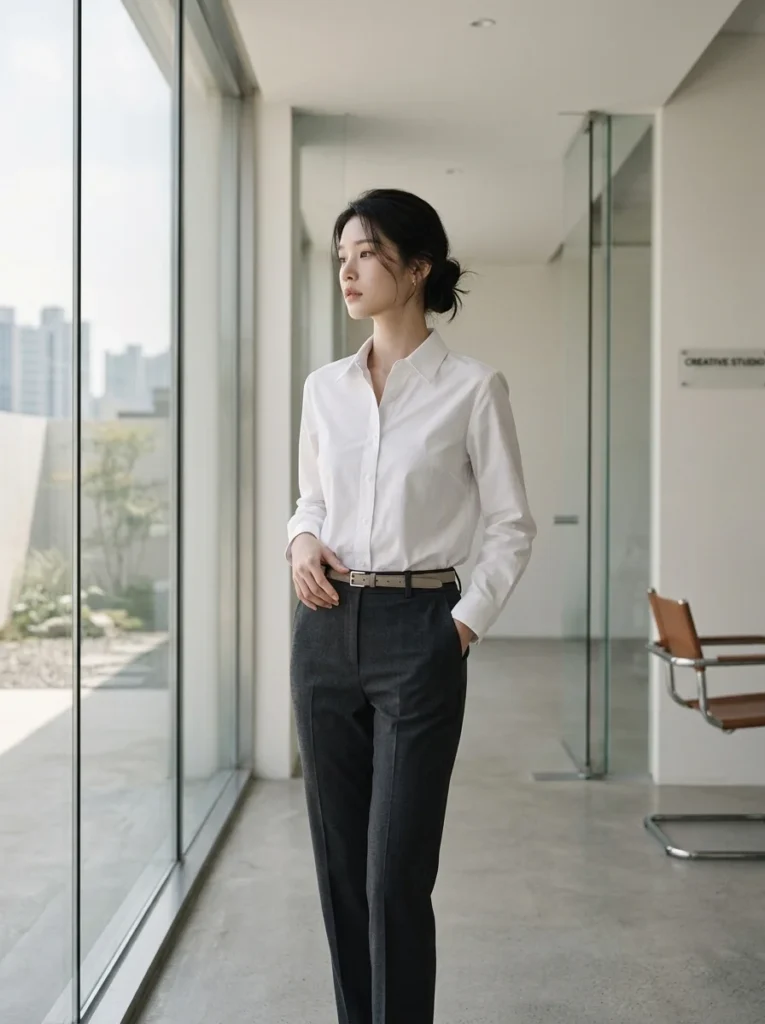 여성 직장인 출근룩으로 좋은 깔끔한 셔츠 스타일링 대표 화보