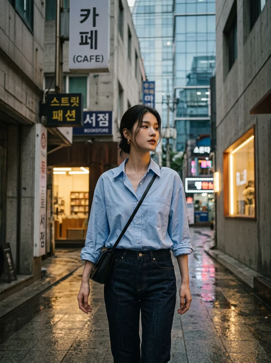 출근룩 셔츠 세미오버핏 블루 셔츠 착장