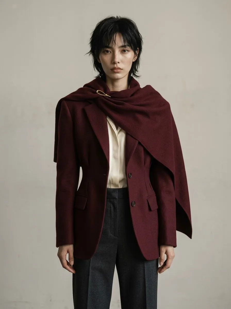 2026 FW 패션 트렌드 구조적 어깨 재킷과 머플러 숄 스타일링